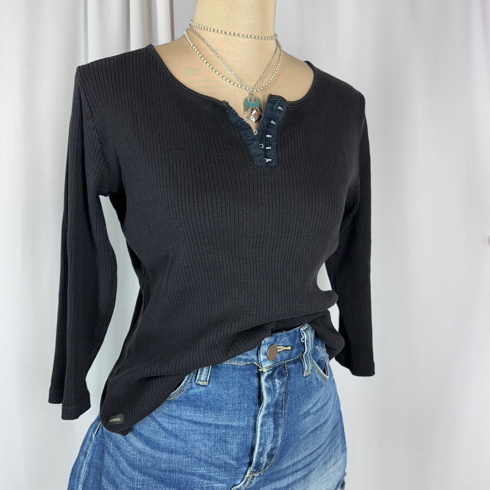 Lauren Ralph Lauren Black Ribbed Hook Front‎ 3/4 Sleeve Stretch Knit Top READ